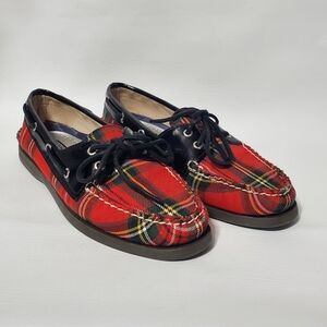 Sperry Plaid Canvas Boat Shoes with Black Laces Christmas Flats Size 8